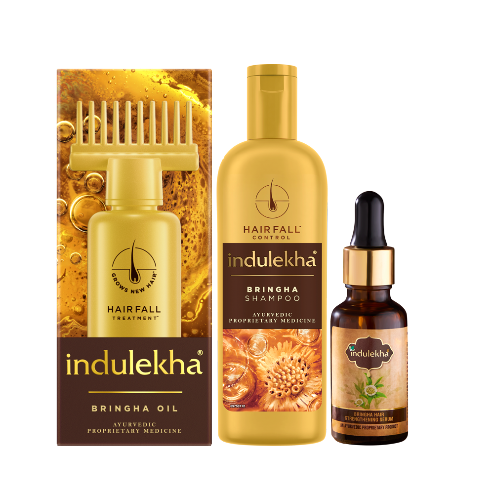 Indulekha Bringha: Oil 100ml + Shampoo 200ml + Hair Serum 30ml
